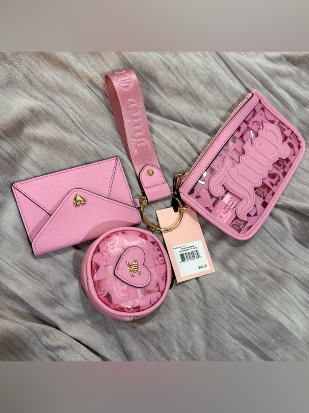 Juicy Couture Pink 3 Piece Card & Coin Wristlet Set